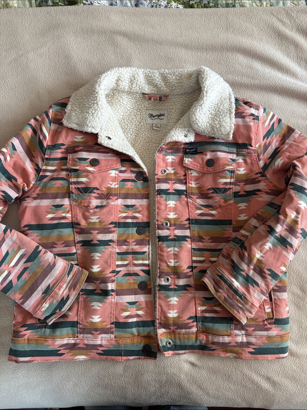 Wrangler Pink Multi-Pattern Sherpa-Lined Jean Jacket